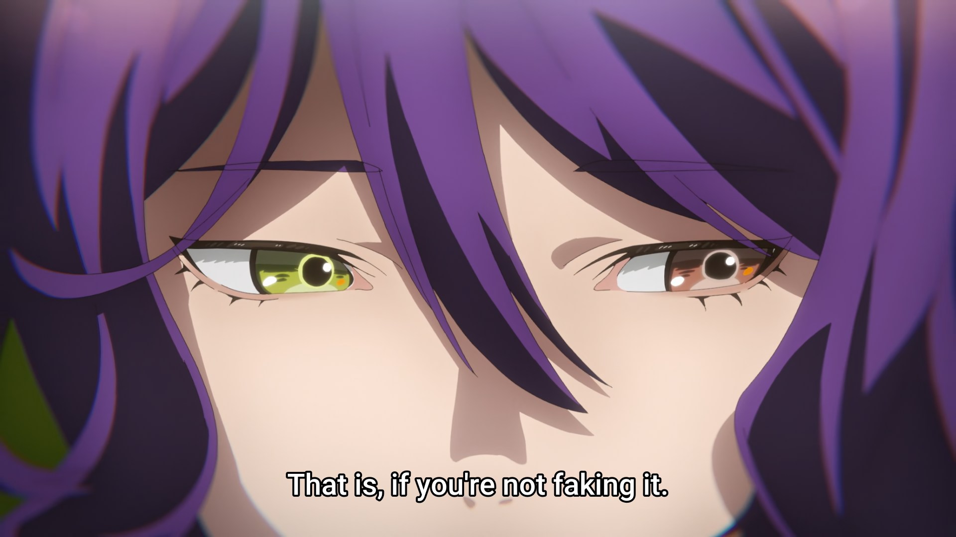 a close-up on a face of a person with purple hair and one yellow, one brown eye, the face too big to fit in frame], hinting that Yuri might have faked their amnesia